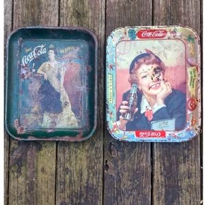 Set of 2 Antique Coca-Cola Metal Trays Picturing Advertisement Images